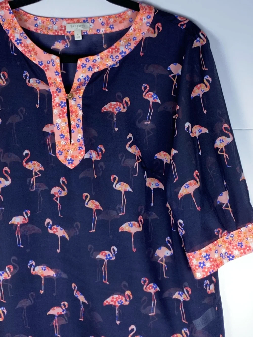 Talbots Flamingo Print Sheer Tunic Cover Up Navy Pink Size S Beach Swim Top